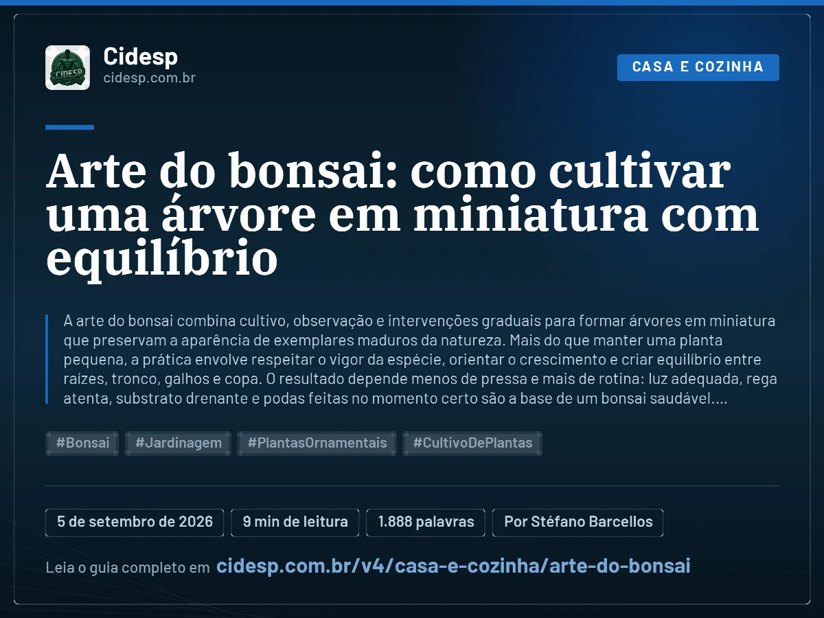 Cartão do artigo “Arte do bonsai: como cultivar uma árvore em miniatura com equilíbrio”, com resumo, data de publicação e endereço da página.