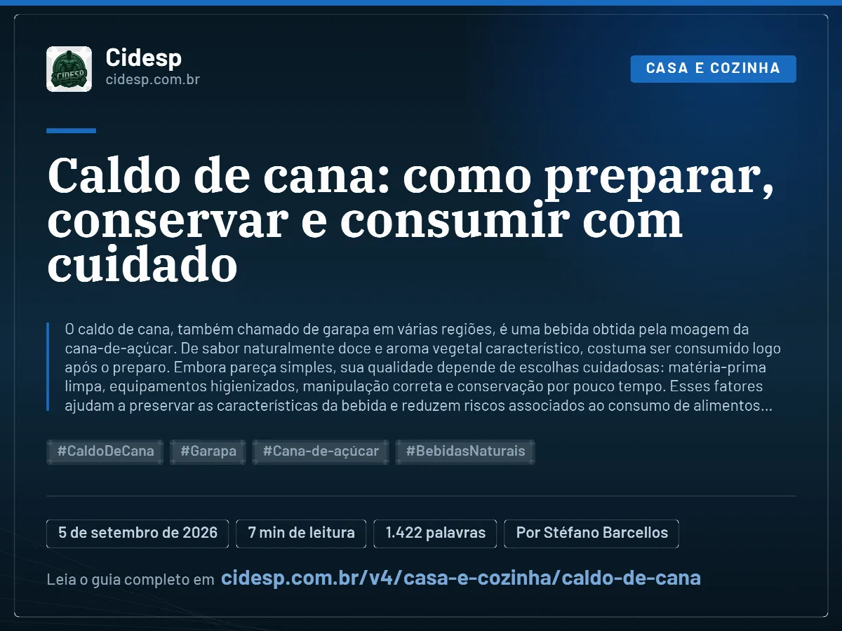 Cartão do artigo “Caldo de cana: como preparar, conservar e consumir com cuidado”, com resumo, data de publicação e endereço da página.