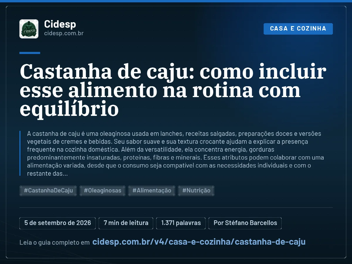 Cartão do artigo “Castanha de caju: como incluir esse alimento na rotina com equilíbrio”, com resumo, data de publicação e endereço da página.
