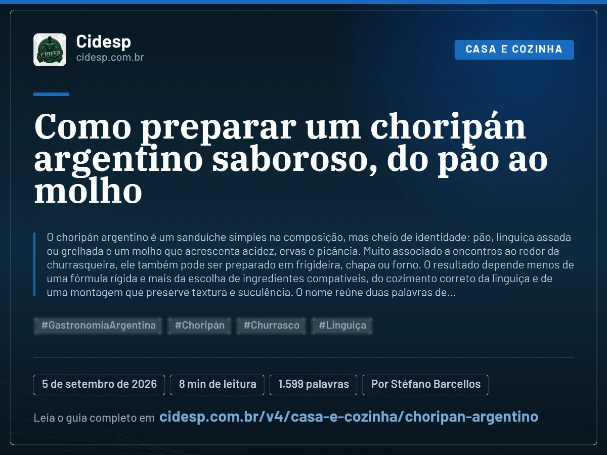 Cartão do artigo “Como preparar um choripán argentino saboroso, do pão ao molho”, com resumo, data de publicação e endereço da página.
