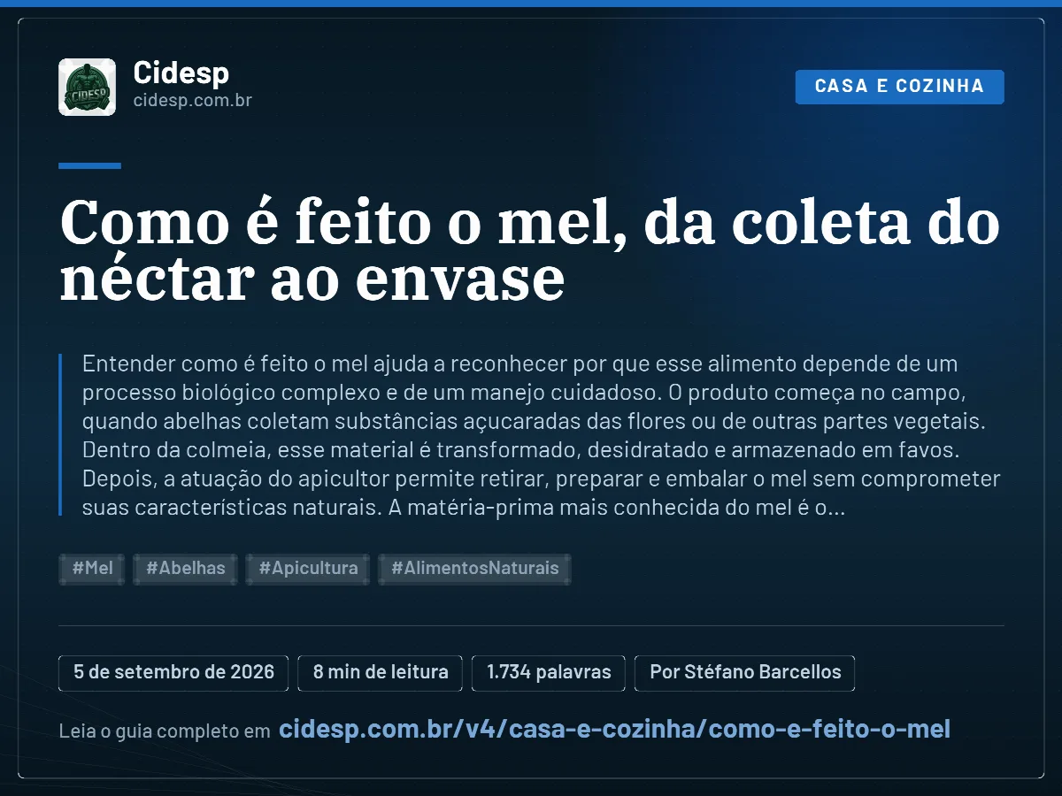 Cartão do artigo “Como é feito o mel, da coleta do néctar ao envase”, com resumo, data de publicação e endereço da página.