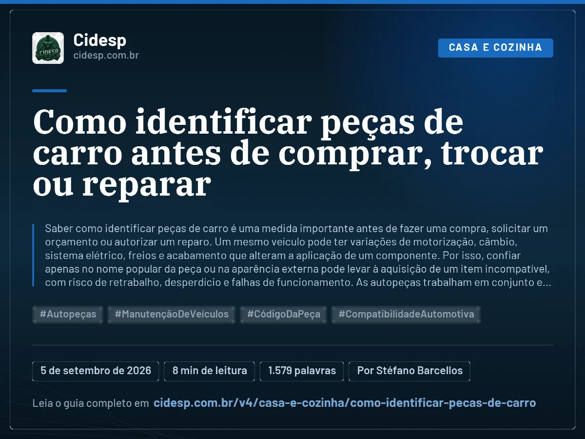 Cartão do artigo “Como identificar peças de carro antes de comprar, trocar ou reparar”, com resumo, data de publicação e endereço da página.