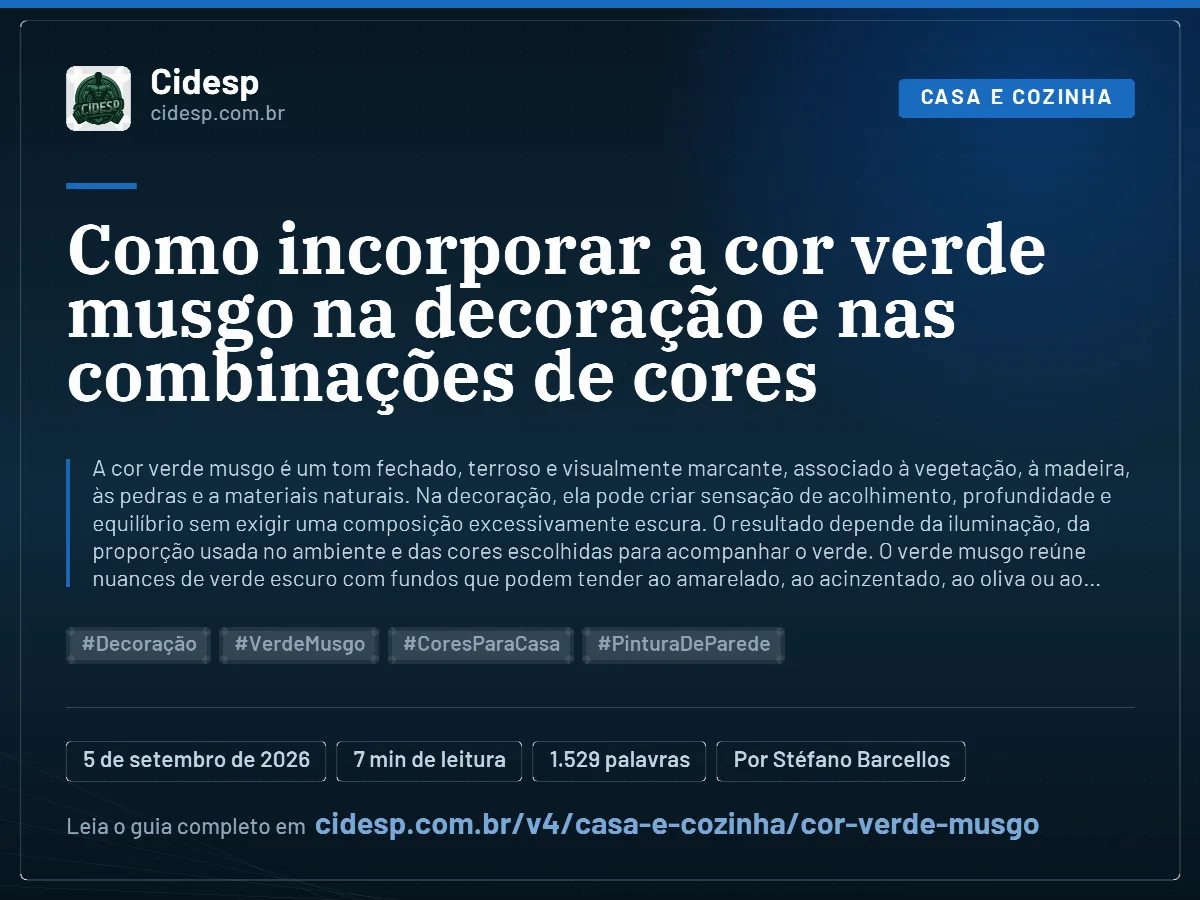 Cartão do artigo “Como incorporar a cor verde musgo na decoração e nas combinações de cores”, com resumo, data de publicação e endereço da página.
