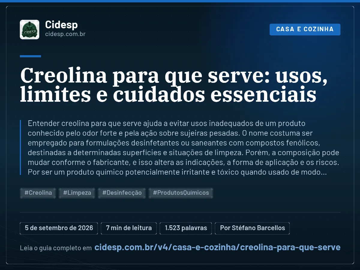 Cartão do artigo “Creolina para que serve: usos, limites e cuidados essenciais”, com resumo, data de publicação e endereço da página.