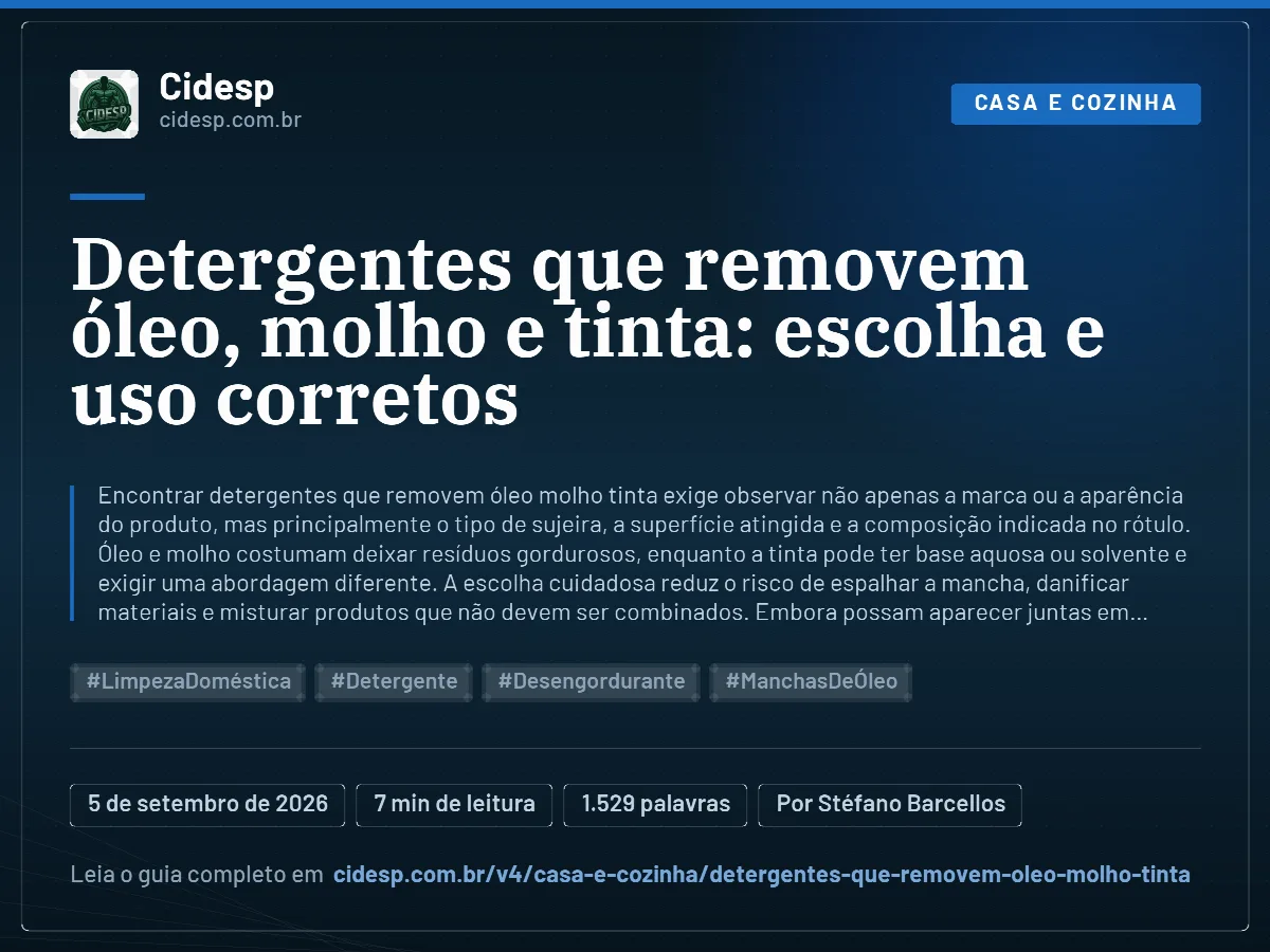 Cartão do artigo “Detergentes que removem óleo, molho e tinta: escolha e uso corretos”, com resumo, data de publicação e endereço da página.