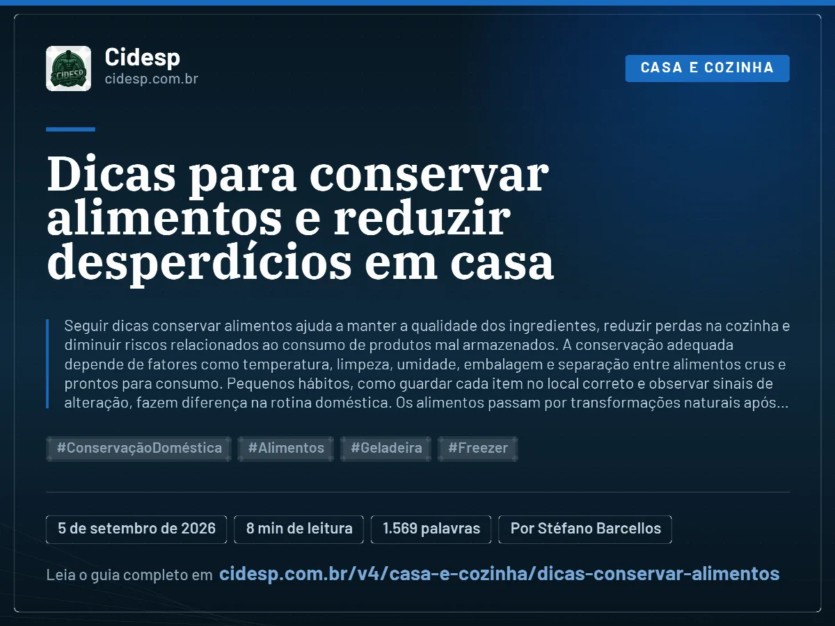 Cartão do artigo “Dicas para conservar alimentos e reduzir desperdícios em casa”, com resumo, data de publicação e endereço da página.