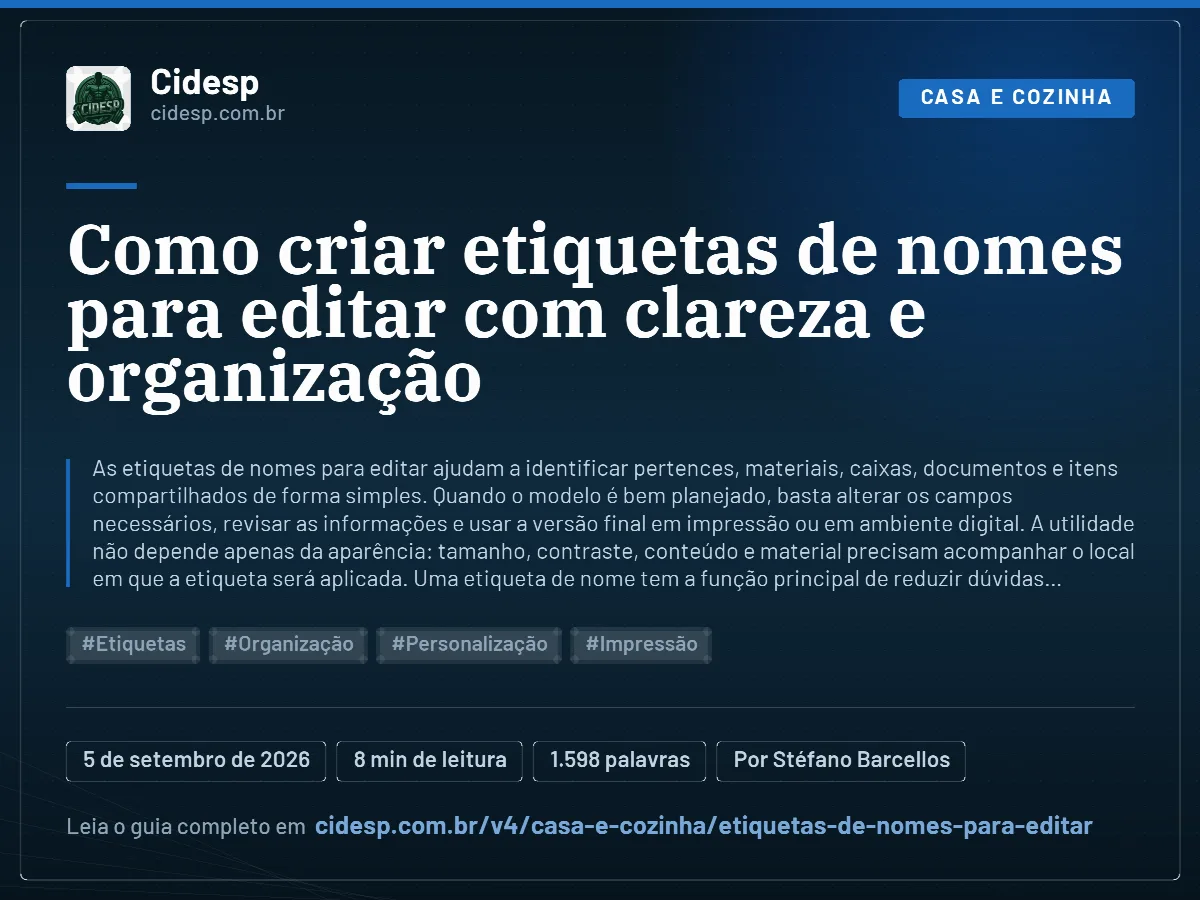 Cartão do artigo “Como criar etiquetas de nomes para editar com clareza e organização”, com resumo, data de publicação e endereço da página.