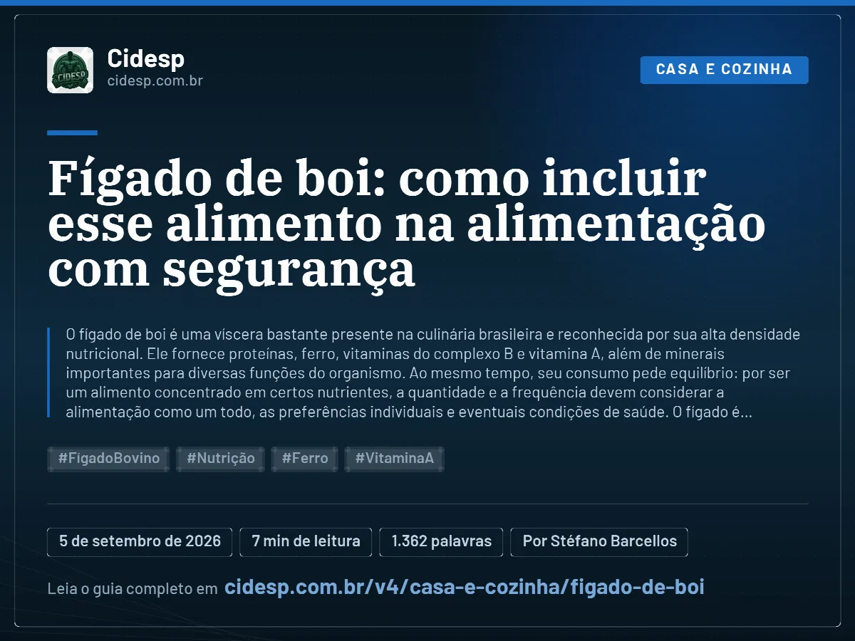 Cartão do artigo “Fígado de boi: como incluir esse alimento na alimentação com segurança”, com resumo, data de publicação e endereço da página.