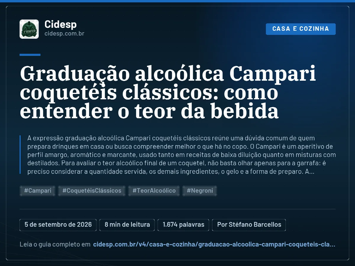 Cartão do artigo “Graduação alcoólica Campari coquetéis clássicos: como entender o teor da bebida”, com resumo, data de publicação e endereço da página.