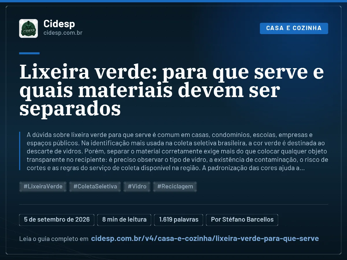 Cartão do artigo “Lixeira verde: para que serve e quais materiais devem ser separados”, com resumo, data de publicação e endereço da página.