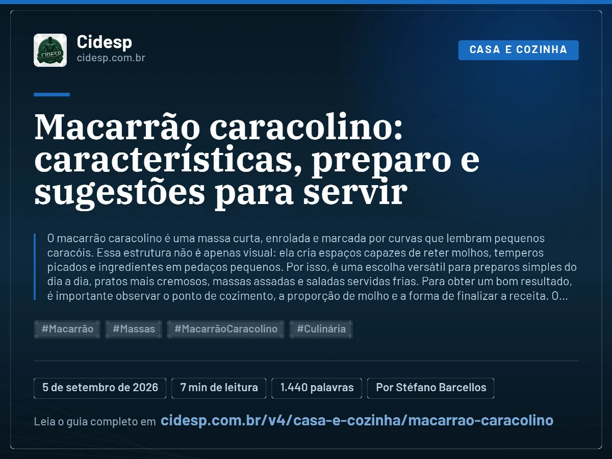 Cartão do artigo “Macarrão caracolino: características, preparo e sugestões para servir”, com resumo, data de publicação e endereço da página.