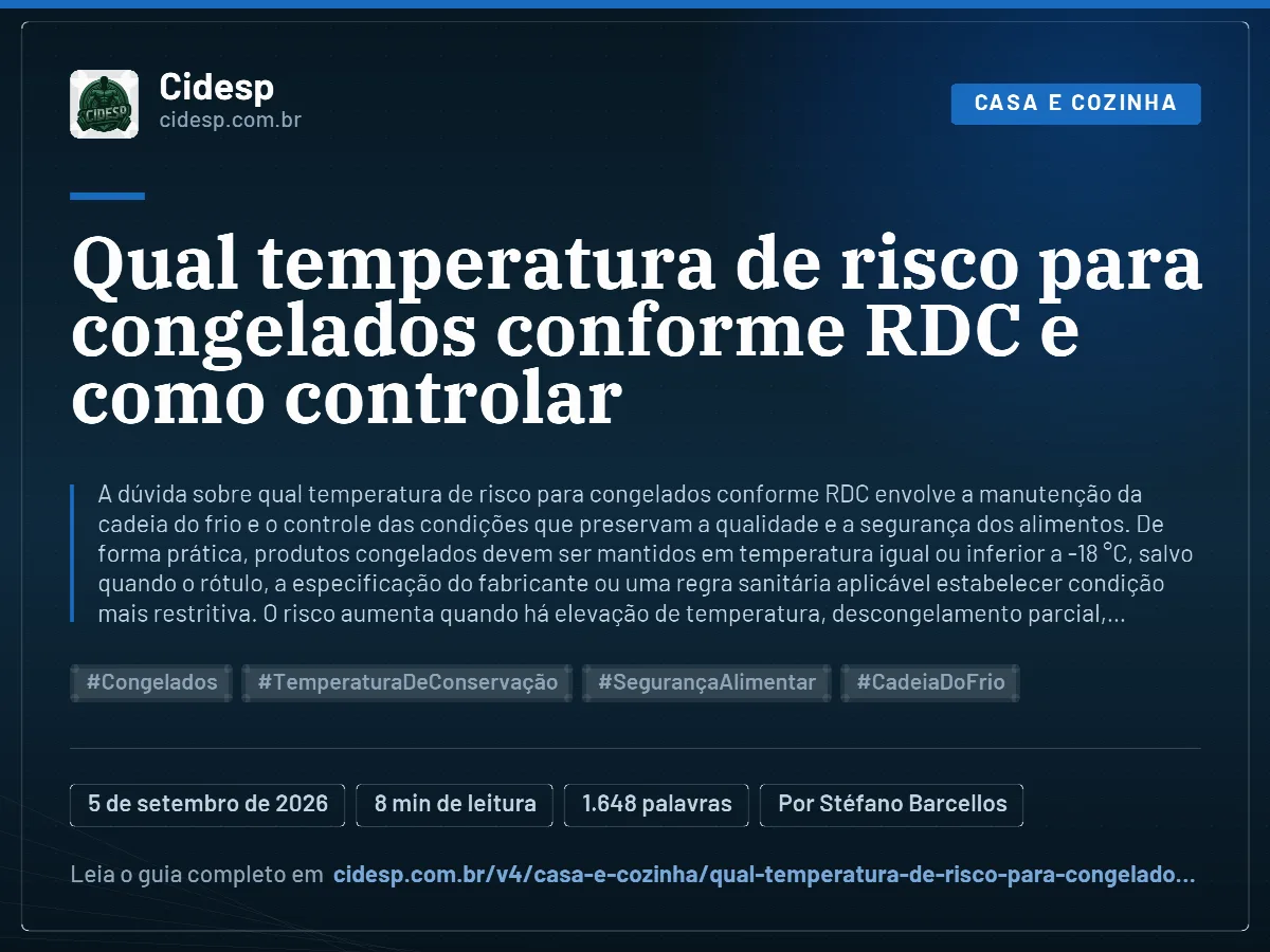 Cartão do artigo “Qual temperatura de risco para congelados conforme RDC e como controlar”, com resumo, data de publicação e endereço da página.