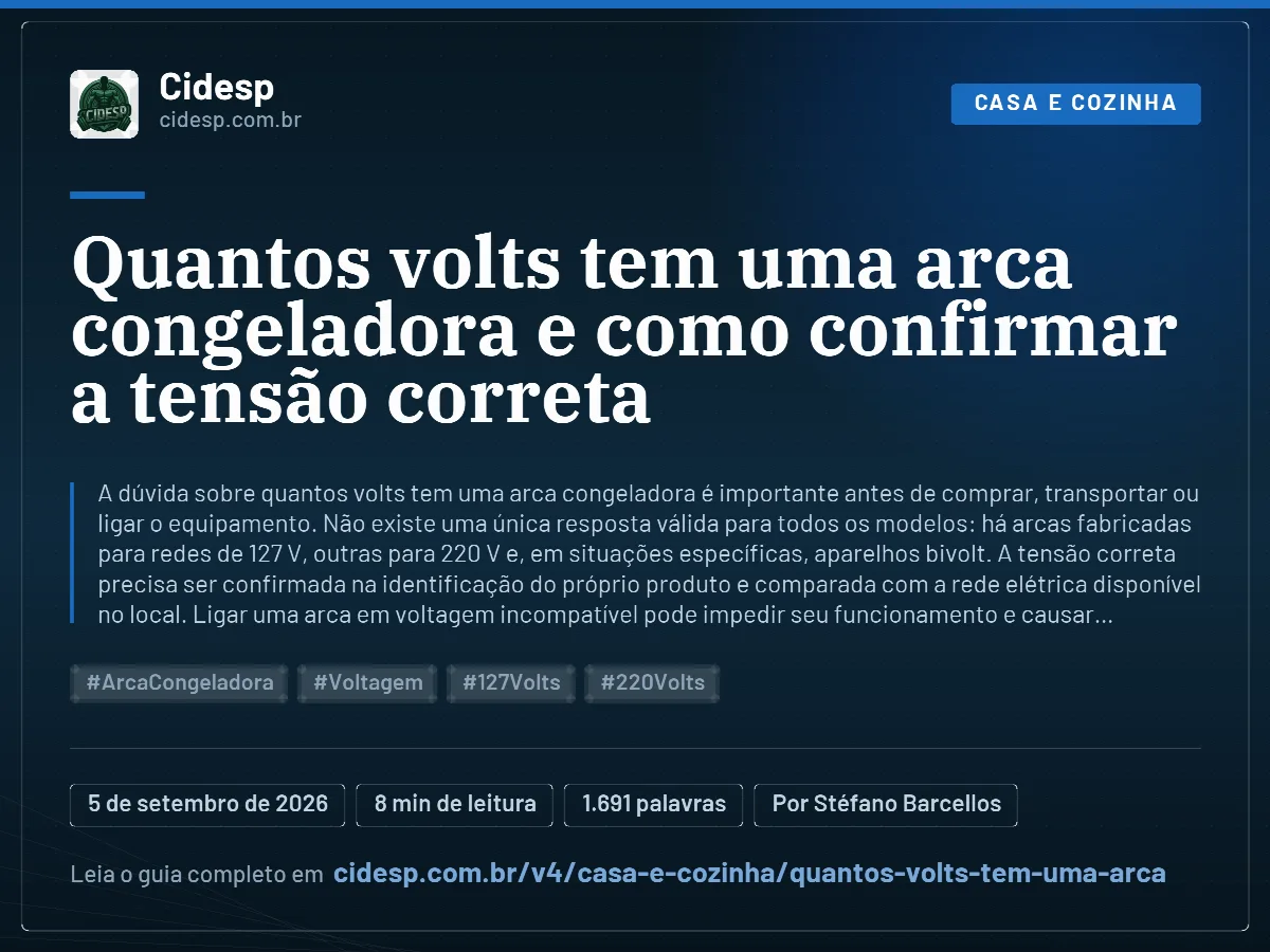 Cartão do artigo “Quantos volts tem uma arca congeladora e como confirmar a tensão correta”, com resumo, data de publicação e endereço da página.