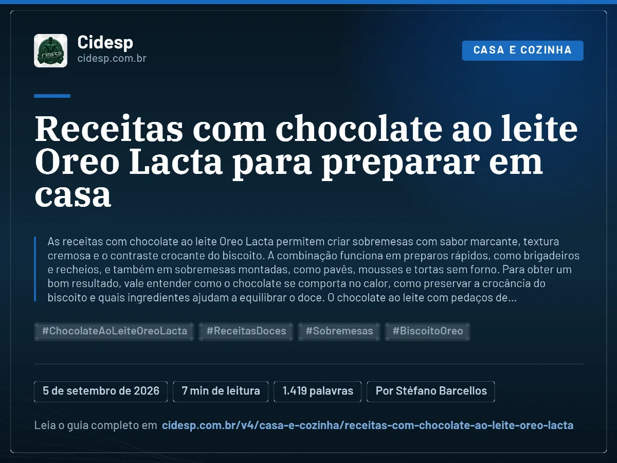Cartão do artigo “Receitas com chocolate ao leite Oreo Lacta para preparar em casa”, com resumo, data de publicação e endereço da página.