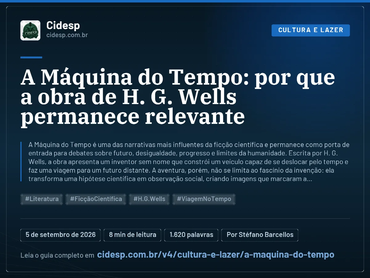 Cartão do artigo “A Máquina do Tempo: por que a obra de H. G. Wells permanece relevante”, com resumo, data de publicação e endereço da página.