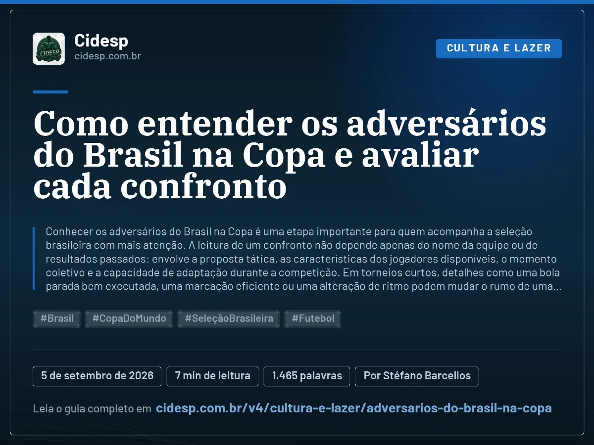 Cartão do artigo “Como entender os adversários do Brasil na Copa e avaliar cada confronto”, com resumo, data de publicação e endereço da página.