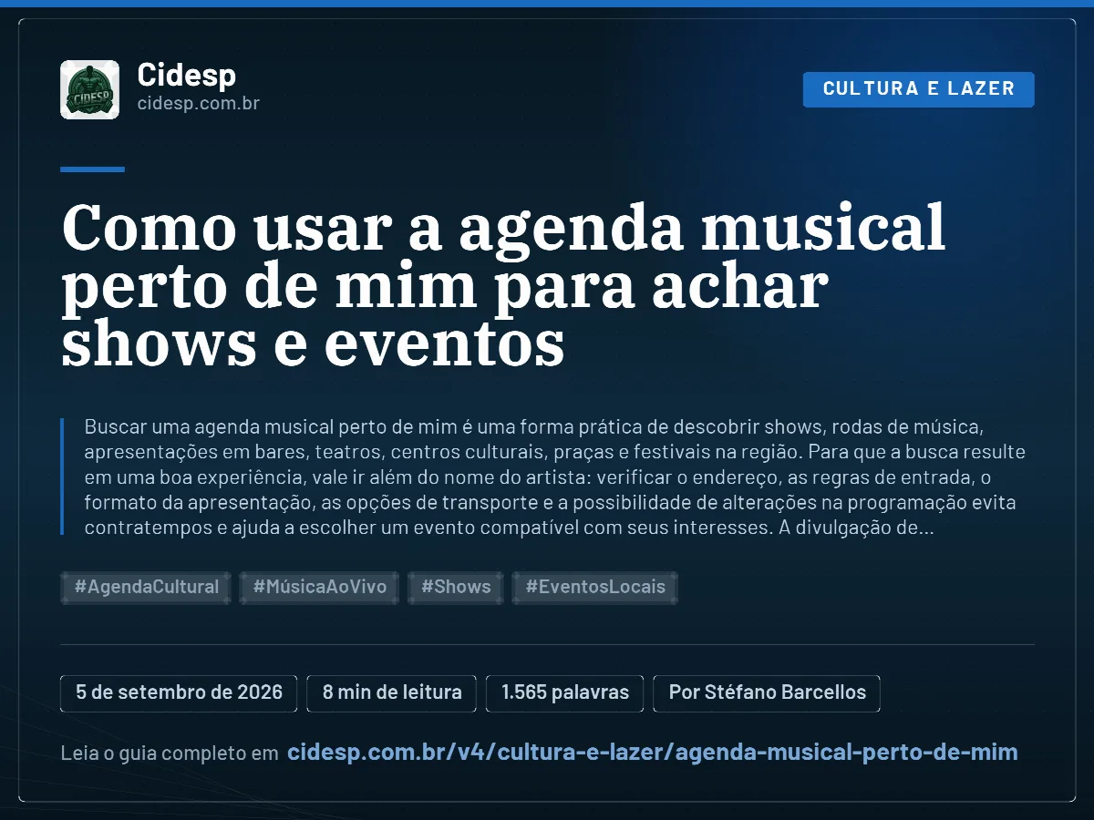 Cartão do artigo “Como usar a agenda musical perto de mim para achar shows e eventos”, com resumo, data de publicação e endereço da página.