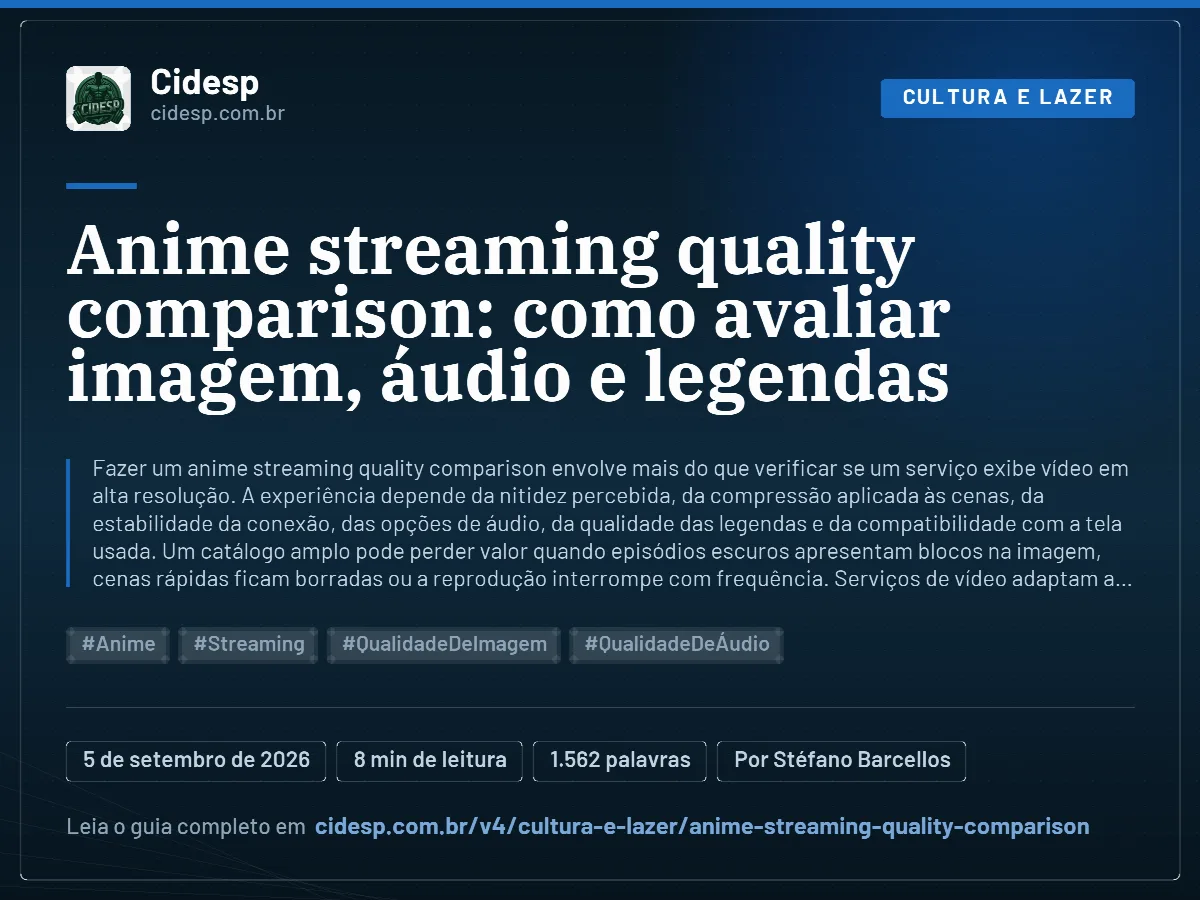 Cartão do artigo “Anime streaming quality comparison: como avaliar imagem, áudio e legendas”, com resumo, data de publicação e endereço da página.