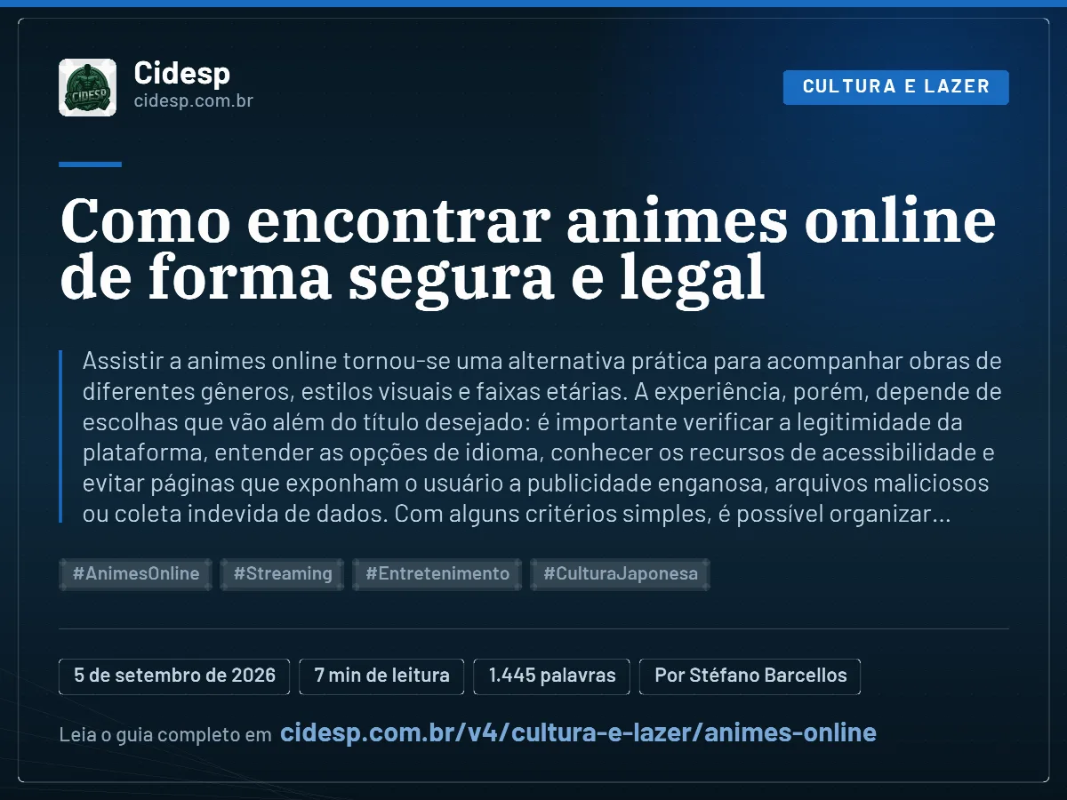Cartão do artigo “Como encontrar animes online de forma segura e legal”, com resumo, data de publicação e endereço da página.