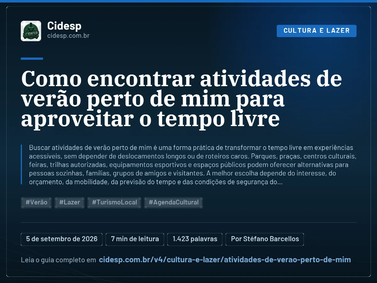Cartão do artigo “Como encontrar atividades de verão perto de mim para aproveitar o tempo livre”, com resumo, data de publicação e endereço da página.