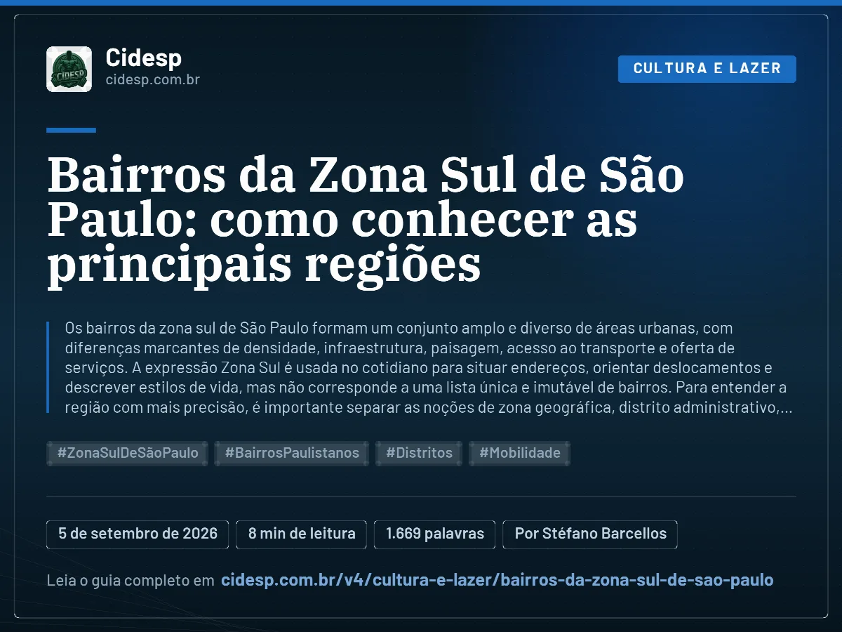 Cartão do artigo “Bairros da Zona Sul de São Paulo: como conhecer as principais regiões”, com resumo, data de publicação e endereço da página.