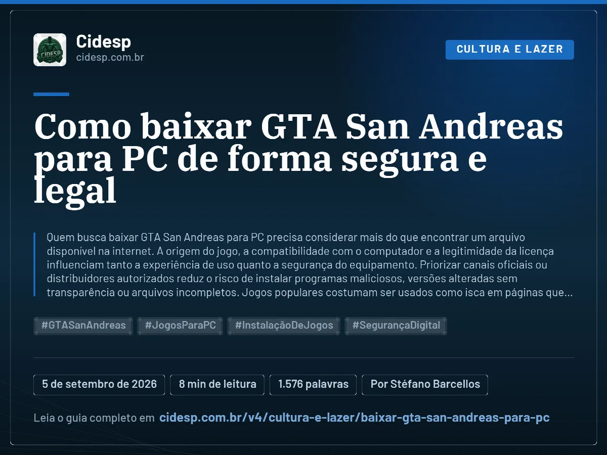 Cartão do artigo “Como baixar GTA San Andreas para PC de forma segura e legal”, com resumo, data de publicação e endereço da página.