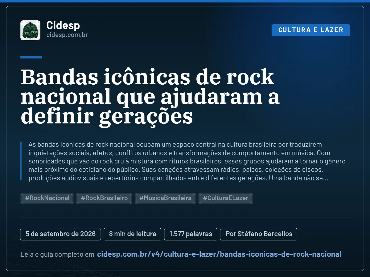 Cartão do artigo “Bandas icônicas de rock nacional que ajudaram a definir gerações”, com resumo, data de publicação e endereço da página.