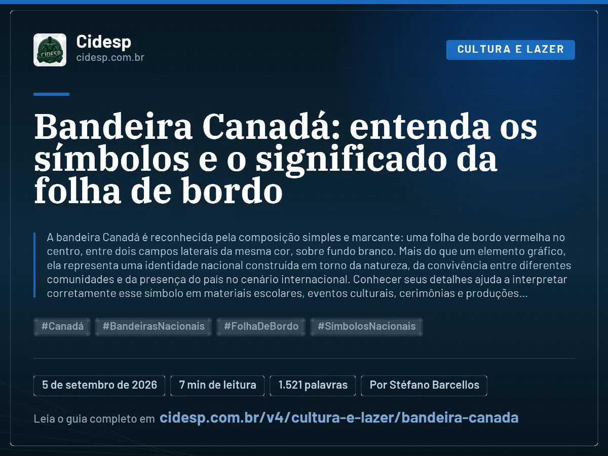 Cartão do artigo “Bandeira Canadá: entenda os símbolos e o significado da folha de bordo”, com resumo, data de publicação e endereço da página.