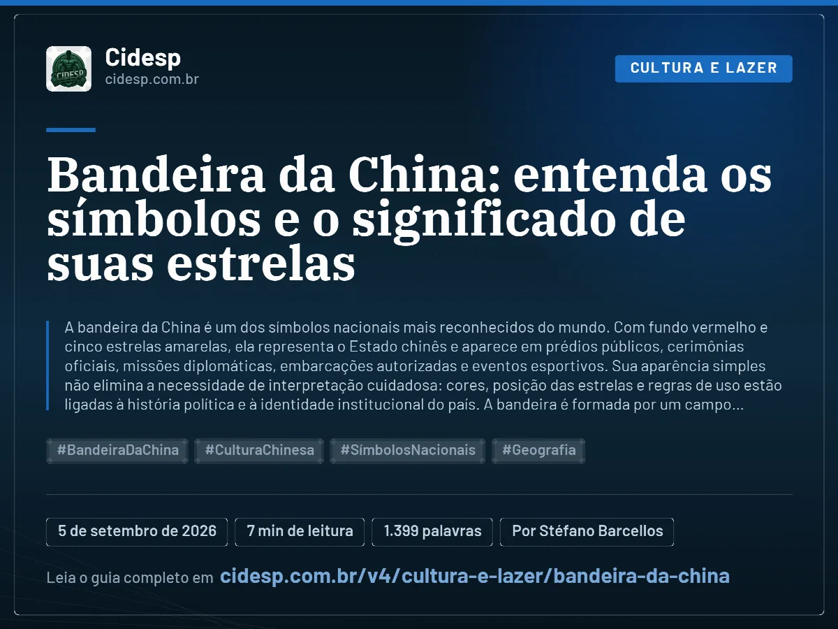 Cartão do artigo “Bandeira da China: entenda os símbolos e o significado de suas estrelas”, com resumo, data de publicação e endereço da página.