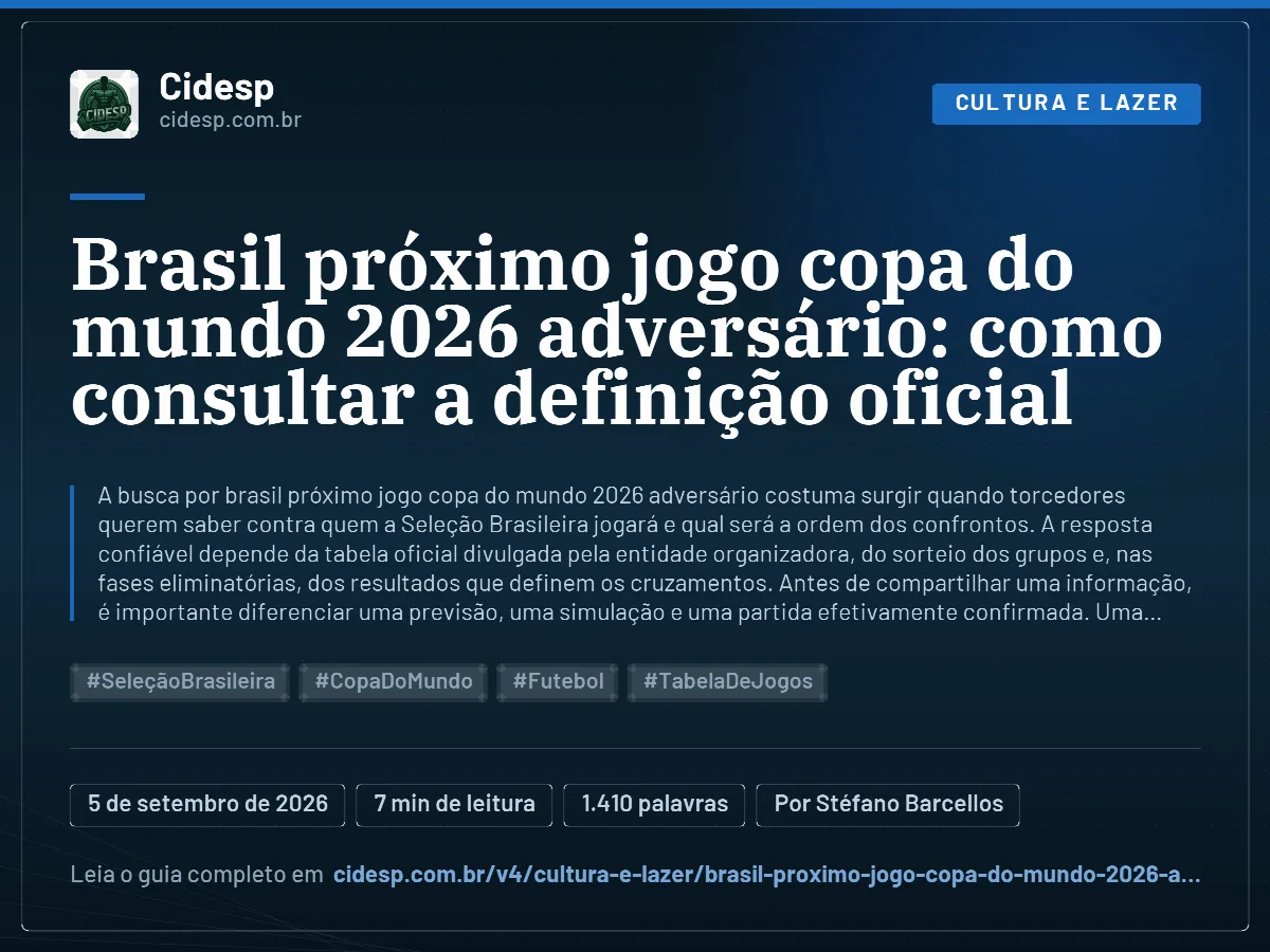 Cartão do artigo “Brasil próximo jogo copa do mundo 2026 adversário: como consultar a definição oficial”, com resumo, data de publicação e endereço da página.