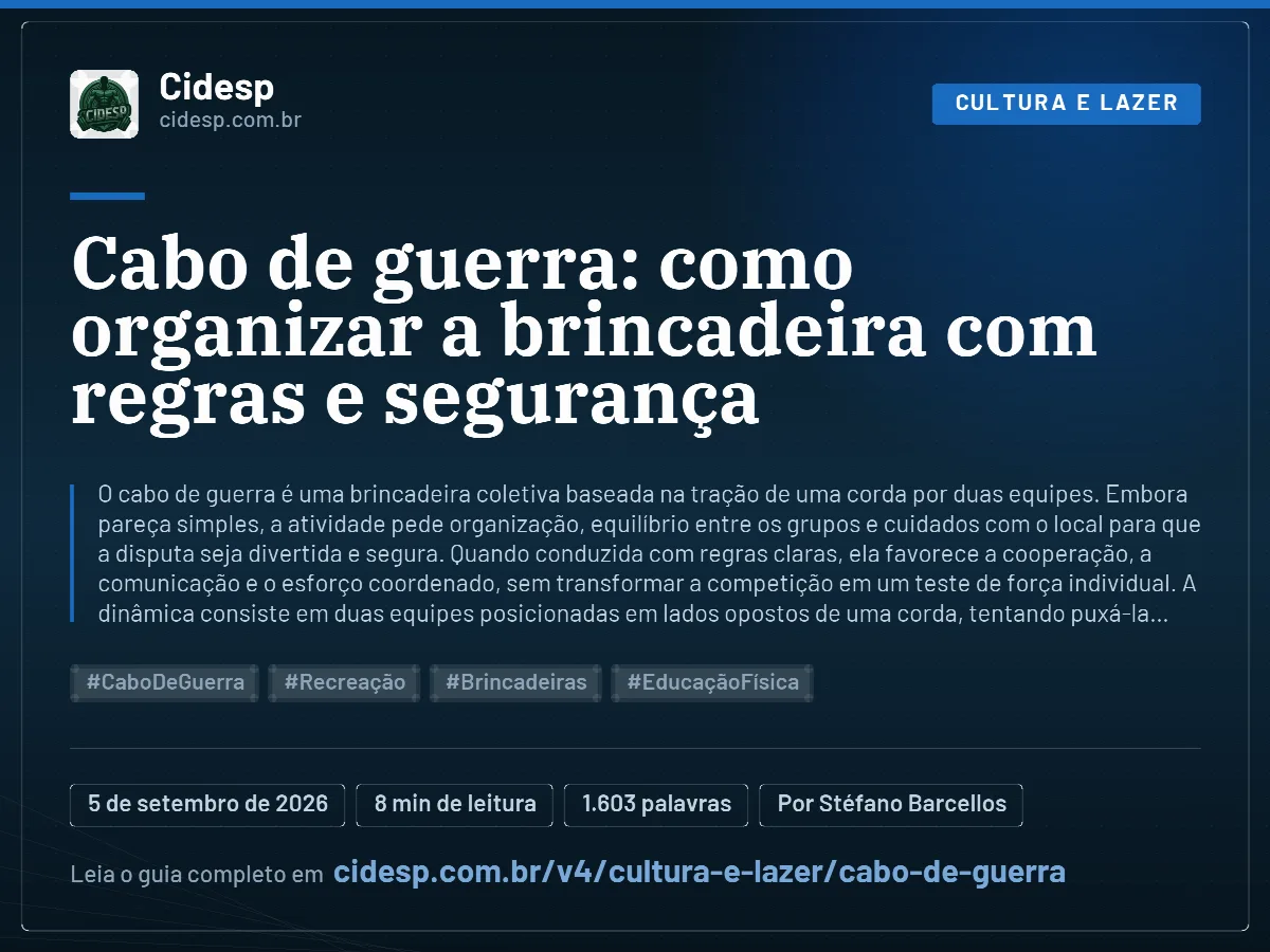 Cartão do artigo “Cabo de guerra: como organizar a brincadeira com regras e segurança”, com resumo, data de publicação e endereço da página.
