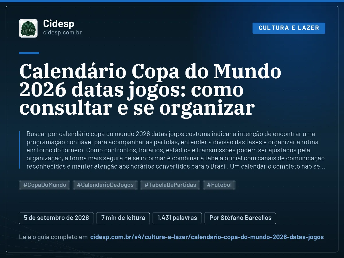 Cartão do artigo “Calendário Copa do Mundo 2026 datas jogos: como consultar e se organizar”, com resumo, data de publicação e endereço da página.