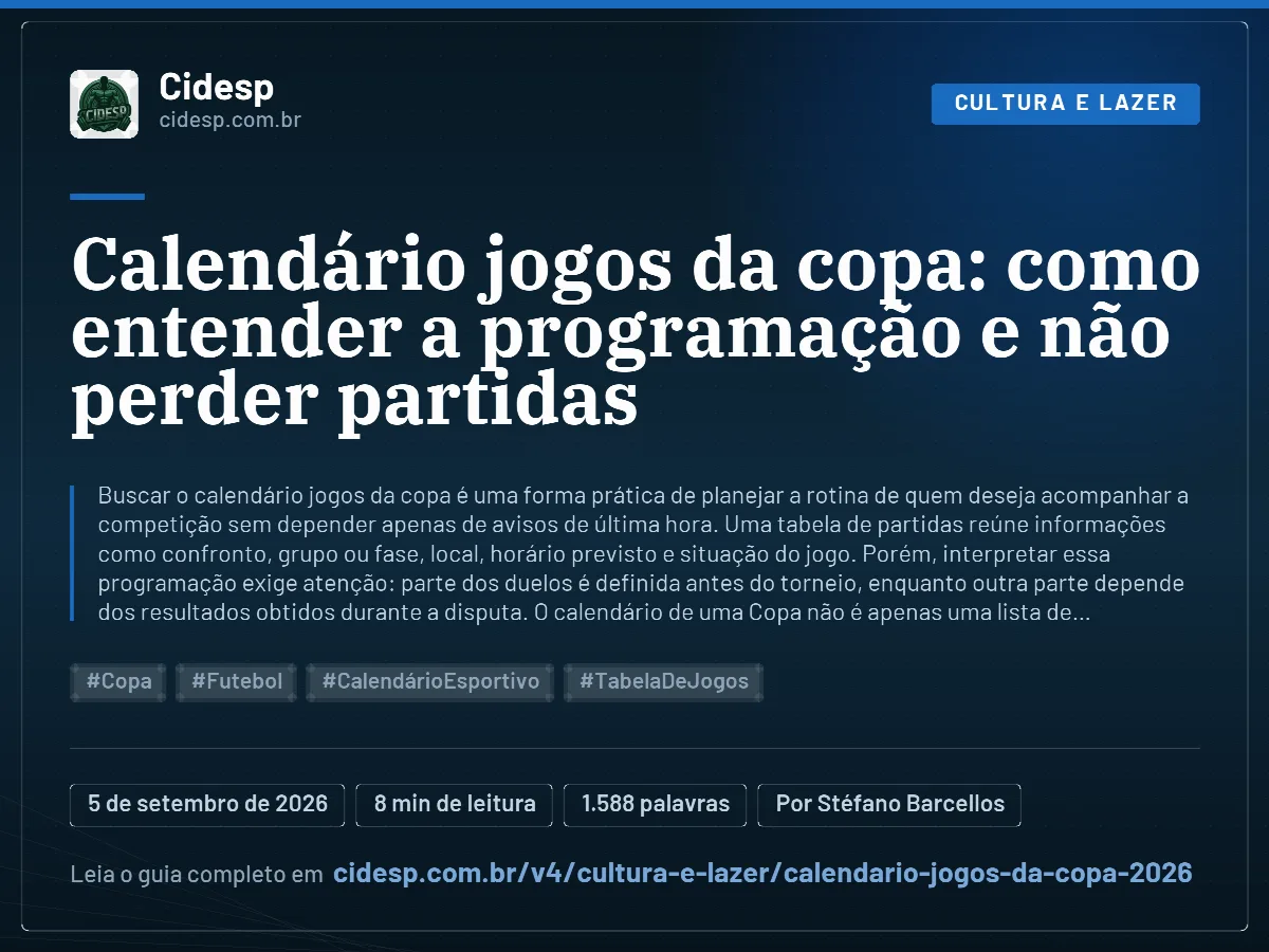 Cartão do artigo “Calendário jogos da copa: como entender a programação e não perder partidas”, com resumo, data de publicação e endereço da página.
