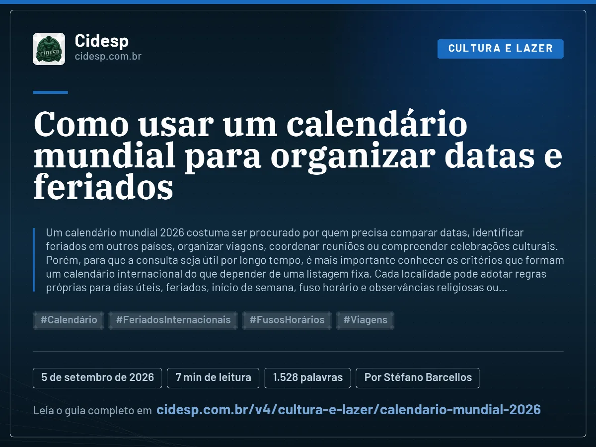 Cartão do artigo “Como usar um calendário mundial para organizar datas e feriados”, com resumo, data de publicação e endereço da página.