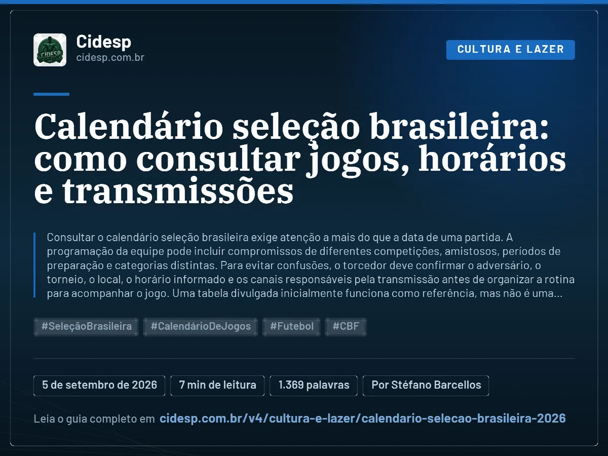 Cartão do artigo “Calendário seleção brasileira: como consultar jogos, horários e transmissões”, com resumo, data de publicação e endereço da página.