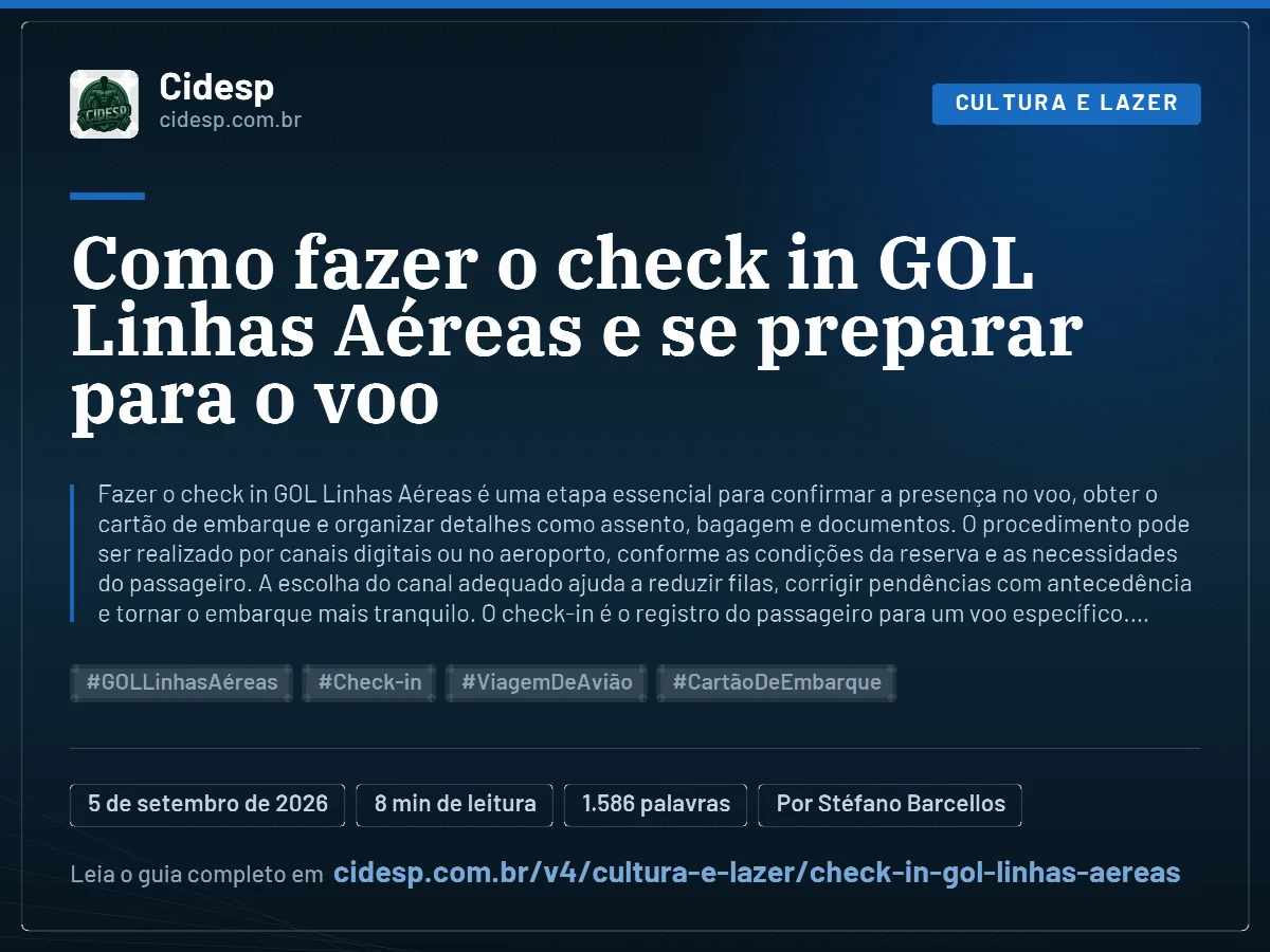 Cartão do artigo “Como fazer o check in GOL Linhas Aéreas e se preparar para o voo”, com resumo, data de publicação e endereço da página.