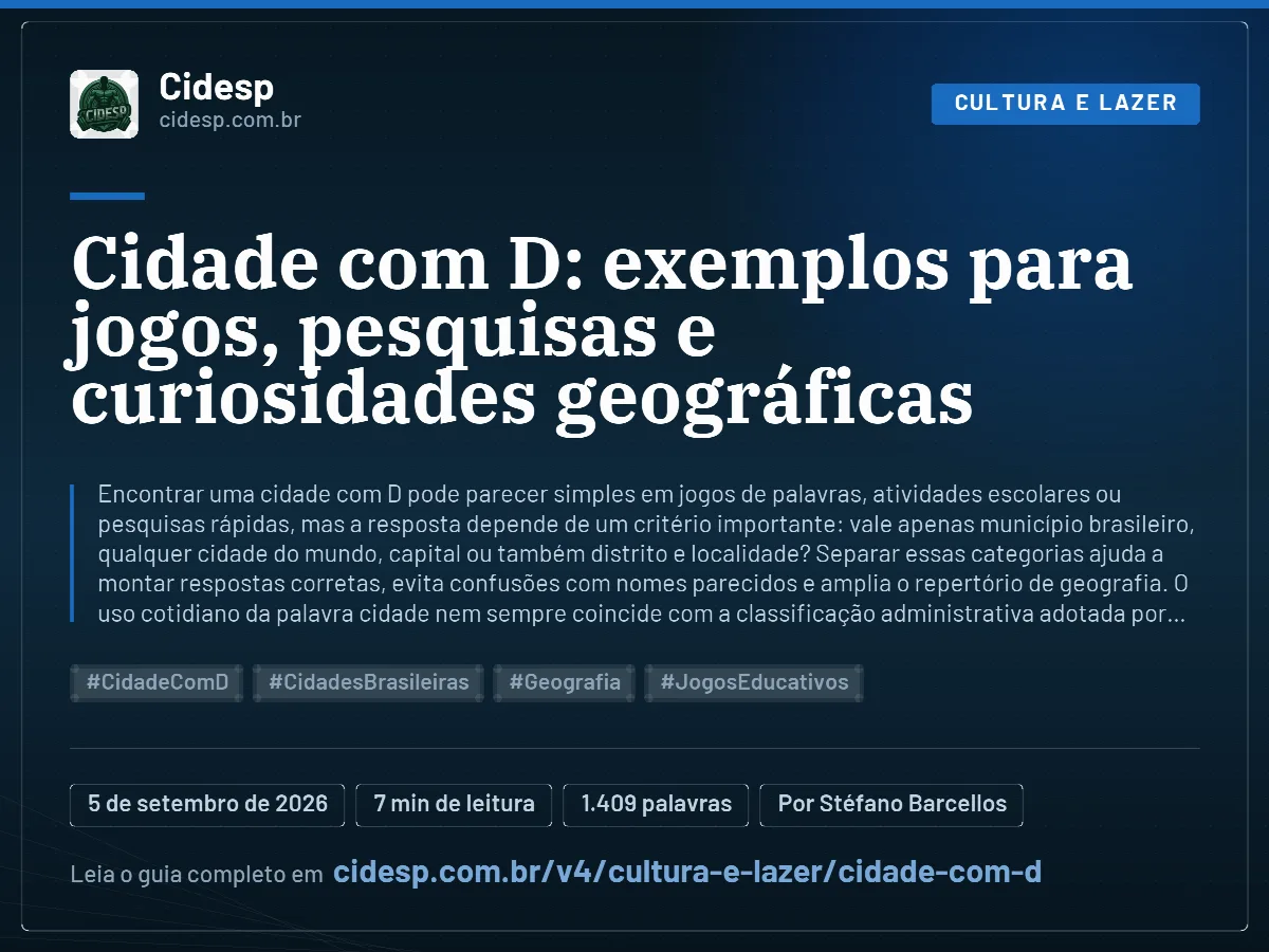 Cartão do artigo “Cidade com D: exemplos para jogos, pesquisas e curiosidades geográficas”, com resumo, data de publicação e endereço da página.