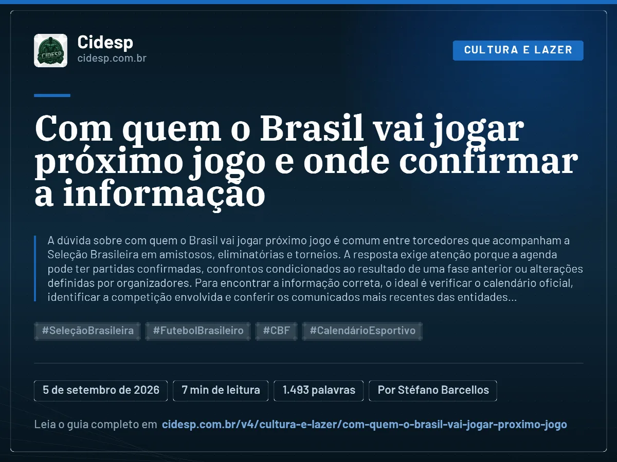 Cartão do artigo “Com quem o Brasil vai jogar próximo jogo e onde confirmar a informação”, com resumo, data de publicação e endereço da página.