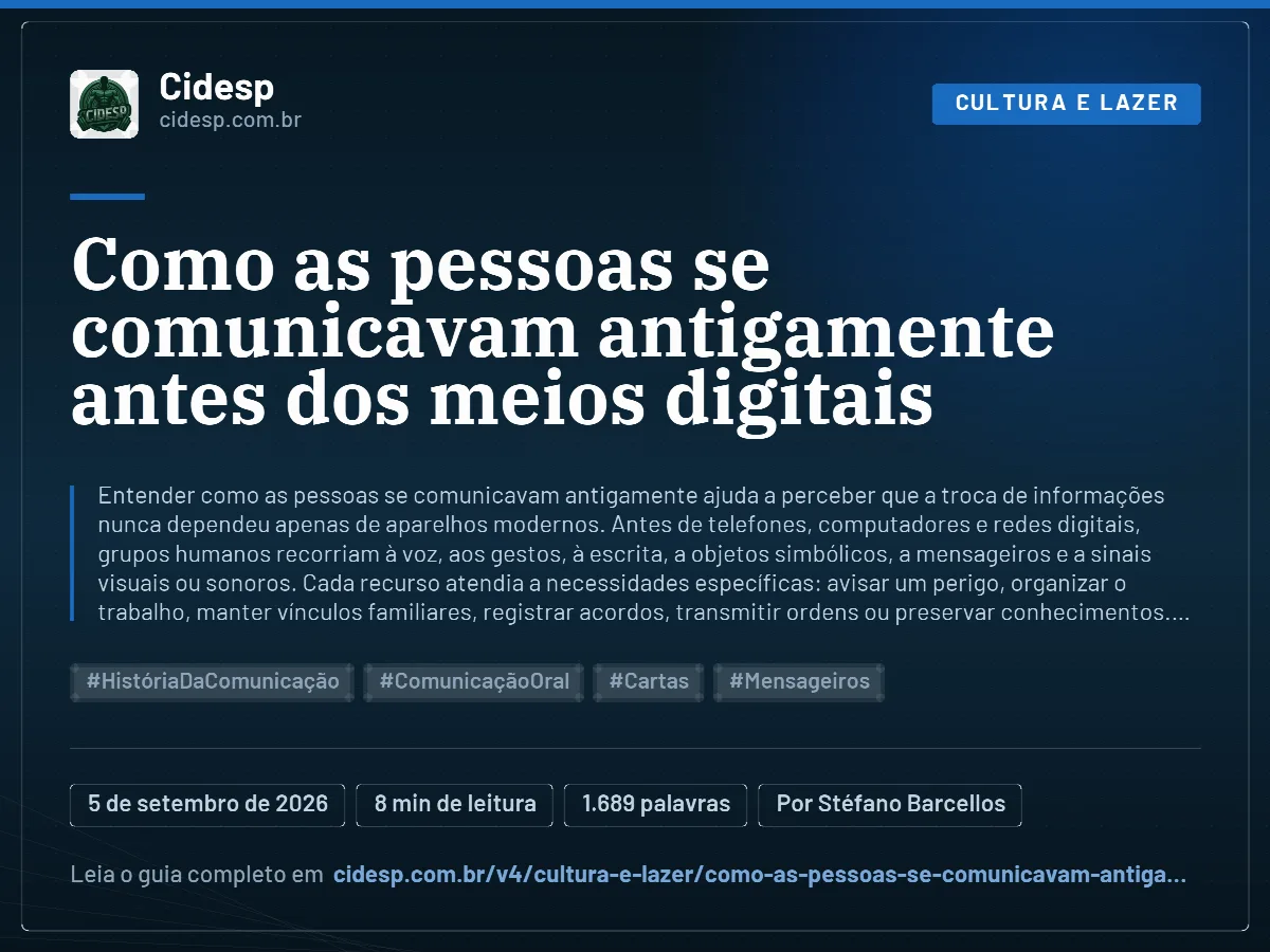 Cartão do artigo “Como as pessoas se comunicavam antigamente antes dos meios digitais”, com resumo, data de publicação e endereço da página.