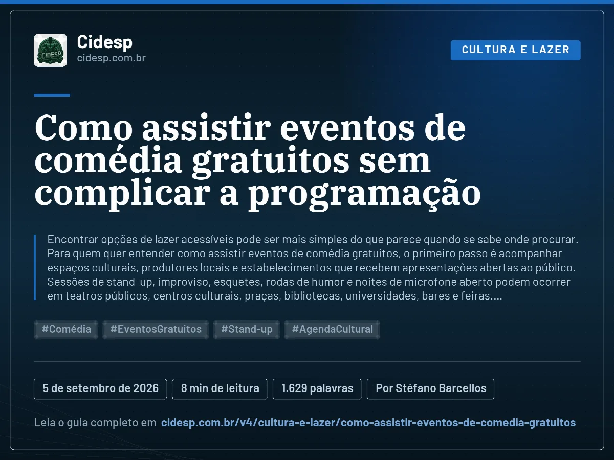 Cartão do artigo “Como assistir eventos de comédia gratuitos sem complicar a programação”, com resumo, data de publicação e endereço da página.