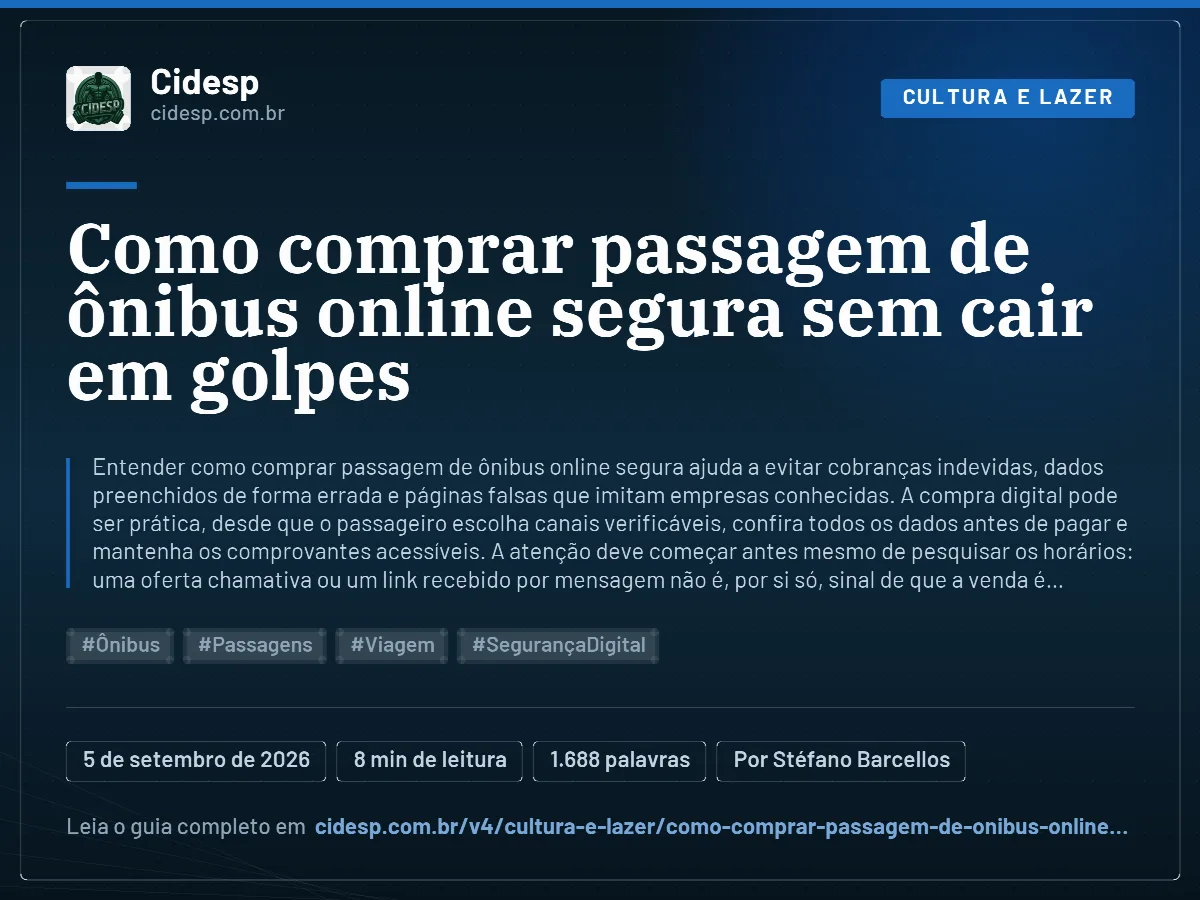 Cartão do artigo “Como comprar passagem de ônibus online segura sem cair em golpes”, com resumo, data de publicação e endereço da página.