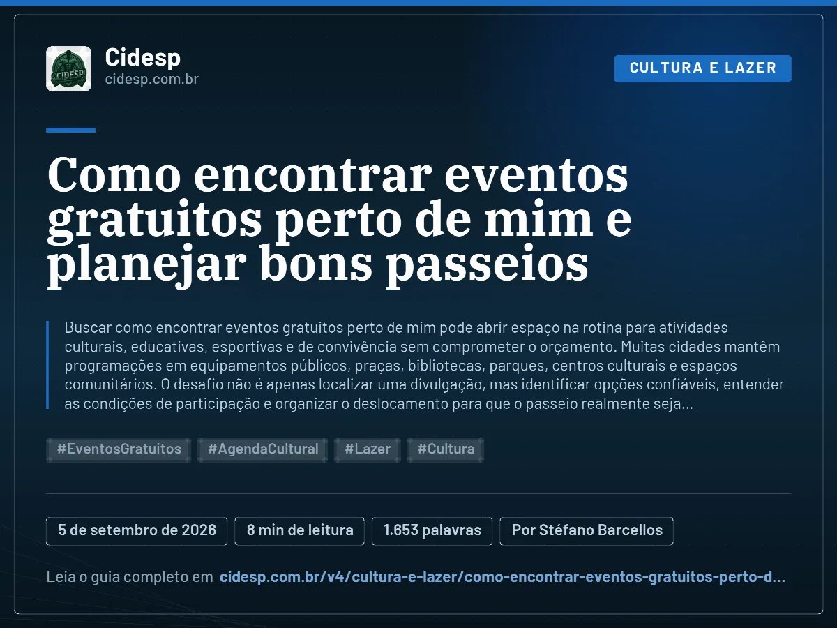 Cartão do artigo “Como encontrar eventos gratuitos perto de mim e planejar bons passeios”, com resumo, data de publicação e endereço da página.