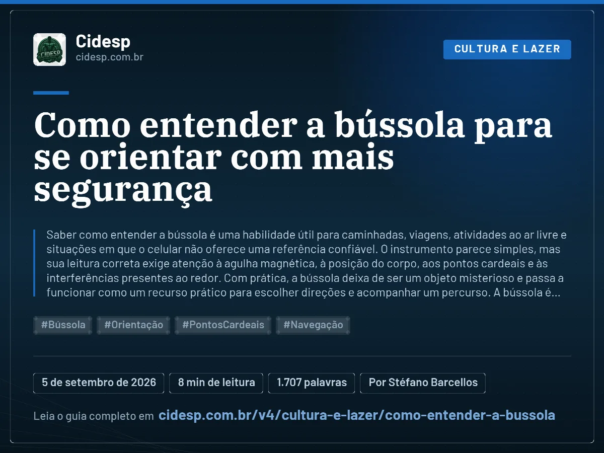 Cartão do artigo “Como entender a bússola para se orientar com mais segurança”, com resumo, data de publicação e endereço da página.