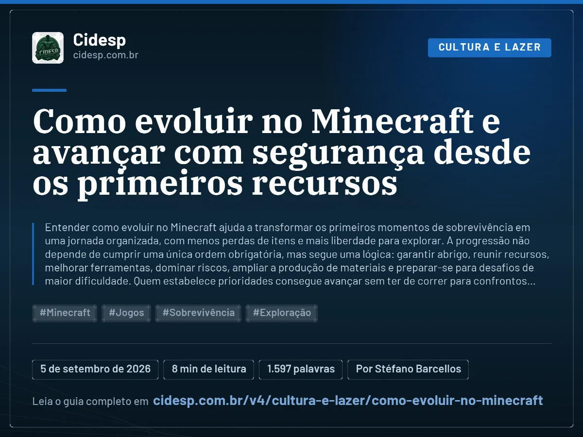Cartão do artigo “Como evoluir no Minecraft e avançar com segurança desde os primeiros recursos”, com resumo, data de publicação e endereço da página.