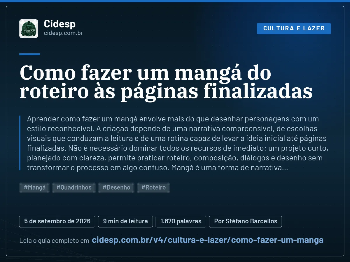 Cartão do artigo “Como fazer um mangá do roteiro às páginas finalizadas”, com resumo, data de publicação e endereço da página.