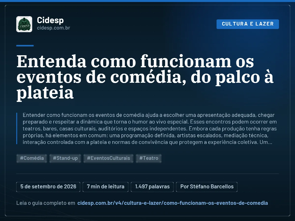 Cartão do artigo “Entenda como funcionam os eventos de comédia, do palco à plateia”, com resumo, data de publicação e endereço da página.
