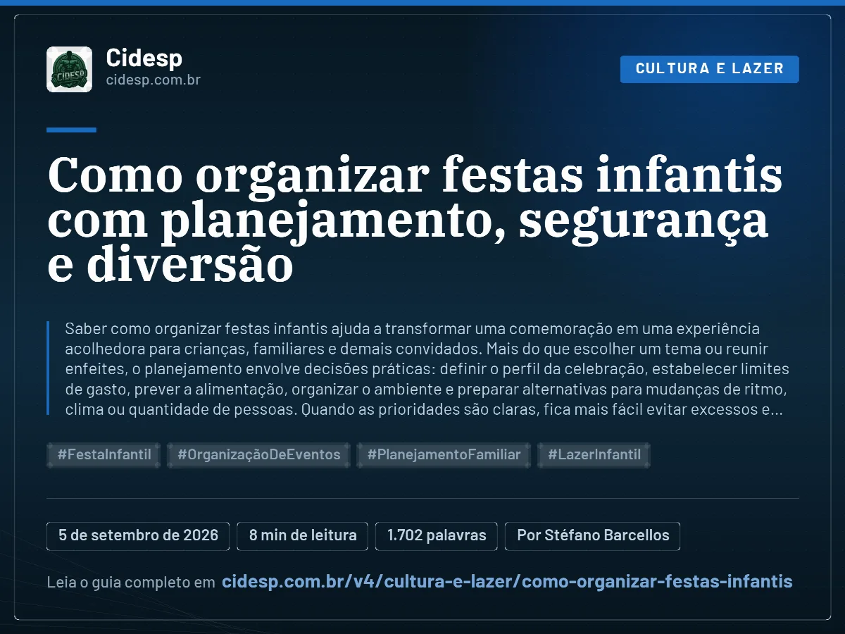 Cartão do artigo “Como organizar festas infantis com planejamento, segurança e diversão”, com resumo, data de publicação e endereço da página.