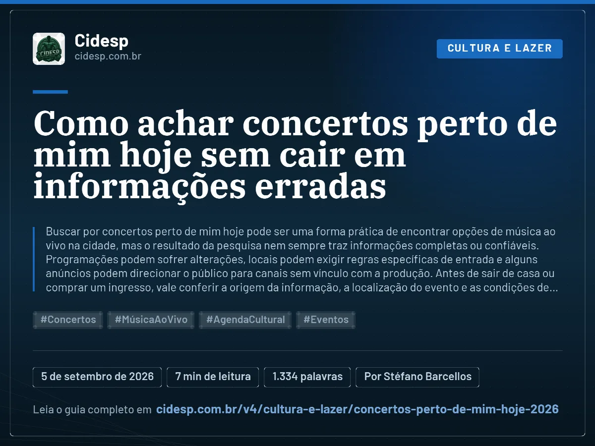 Cartão do artigo “Como achar concertos perto de mim hoje sem cair em informações erradas”, com resumo, data de publicação e endereço da página.