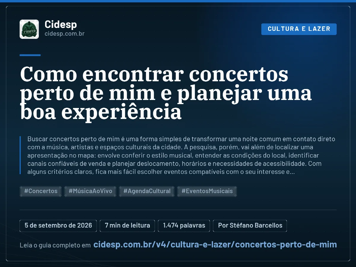 Cartão do artigo “Como encontrar concertos perto de mim e planejar uma boa experiência”, com resumo, data de publicação e endereço da página.