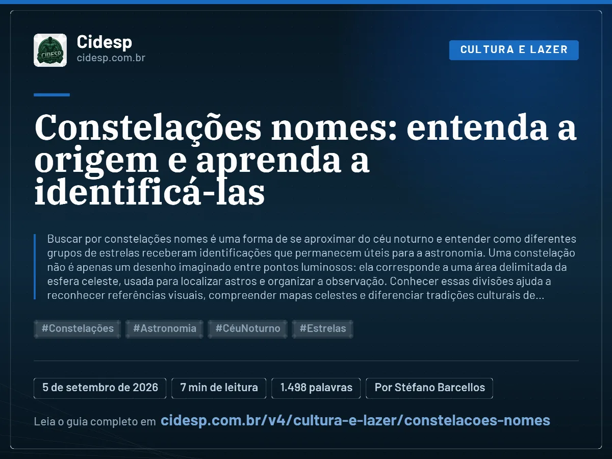 Cartão do artigo “Constelações nomes: entenda a origem e aprenda a identificá-las”, com resumo, data de publicação e endereço da página.